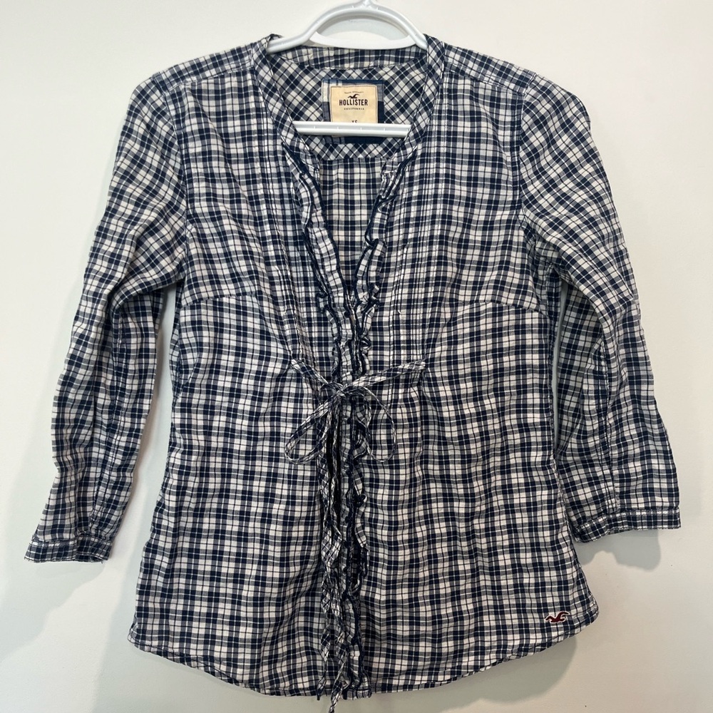 Vintage Hollister Y2K Plaid Babydoll Top Ruffle Full Button Front
